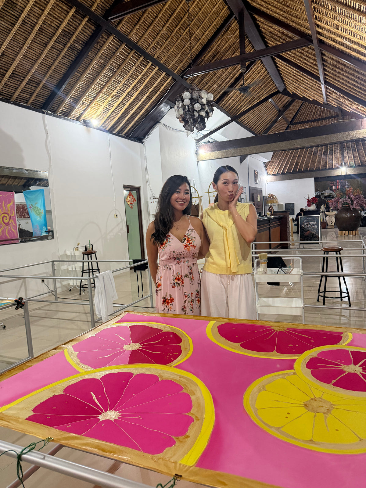 Fionna & Joanna wearing a finished custom batik piece from Soleia Art Club Bali